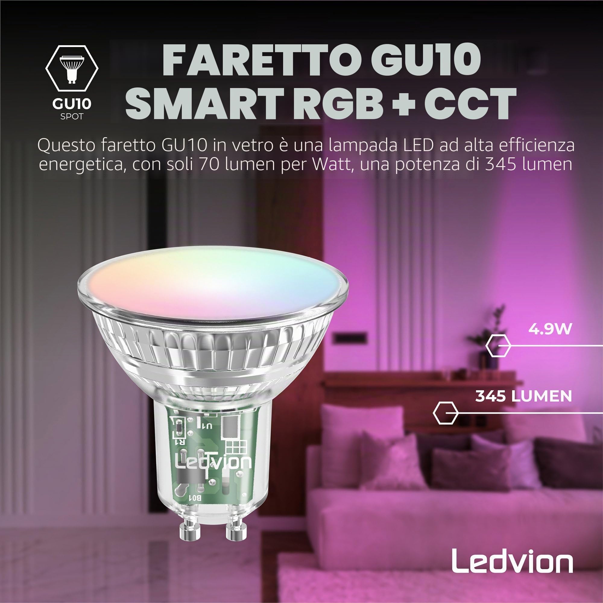 Ledvion - 10X Smart RGB+CCT GU10 LED Spot, 5W, 345 Lumen, Dimmerabile, Wifi-Illuminazione, Wifi-luce, Alexa & Google Home