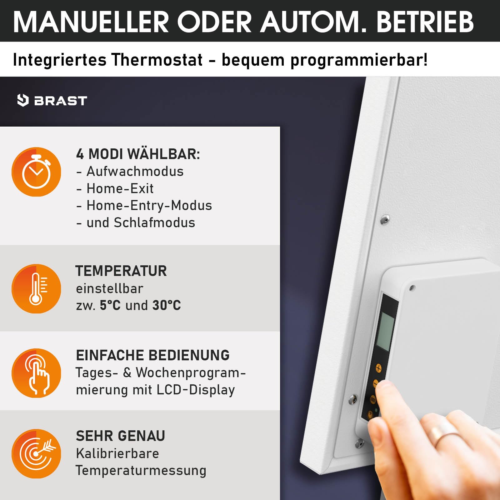 BRAST® Infrarotheizung mit Thermostat | 300-1100 Watt | Made in Europe | Inkl. Wandhalterung Standsystem + Griff | hoher Wirkungsgrad | Flexibler Einsatz | Ultraflache Bauweise | IP-TH 300