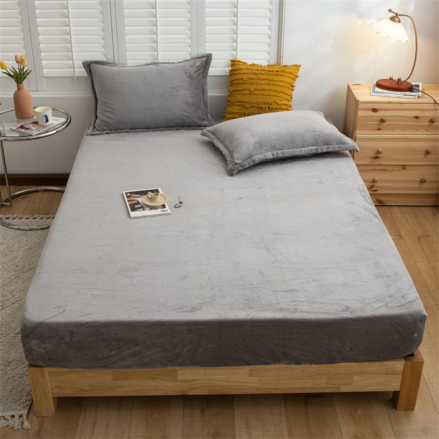 FCLDESHOP Snug Fit Mattress Protector,Thick Warm Solid Color Flannel Bed Sheets, Boys Girls Bedroom Animal Print Deep Pocket Mattress Topper Bed Cover,Light Grey,180cm×200cm