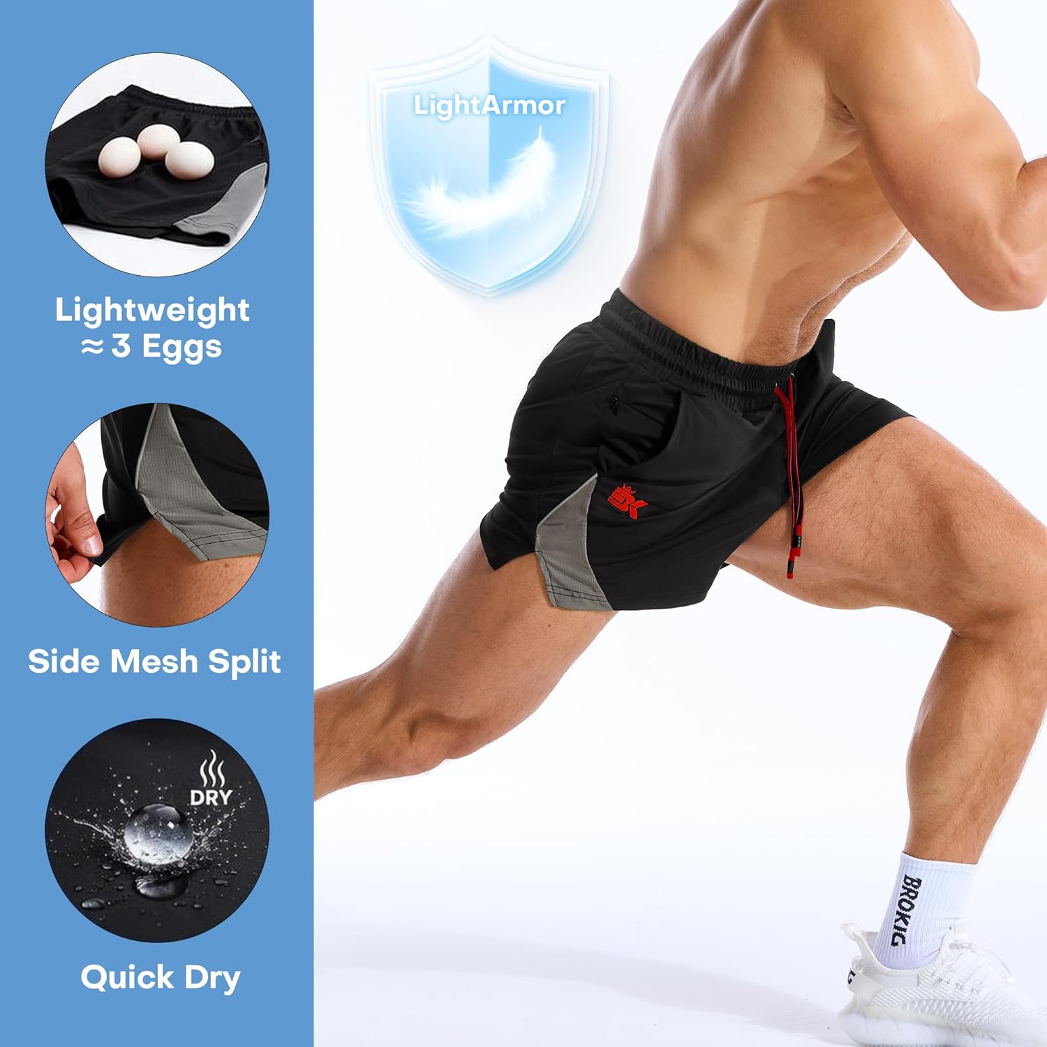 BROKIG Men's LightArmor Training Gym Shorts with Zip Pocket,3" Quick Dry Cooling Summer Running Shorts for Beach Workout