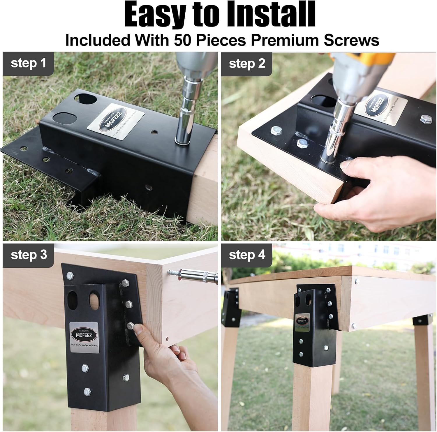 MOFEEZ Deer Stand Brackets 4x4 with Screws, Heavy Duty Elevator Bracket with Powder Coated for Deer Blind Outdoor Hunting Platform Blind Box Treehouse Shooting Shack Over 2000lb Capacity Black 4 Pack