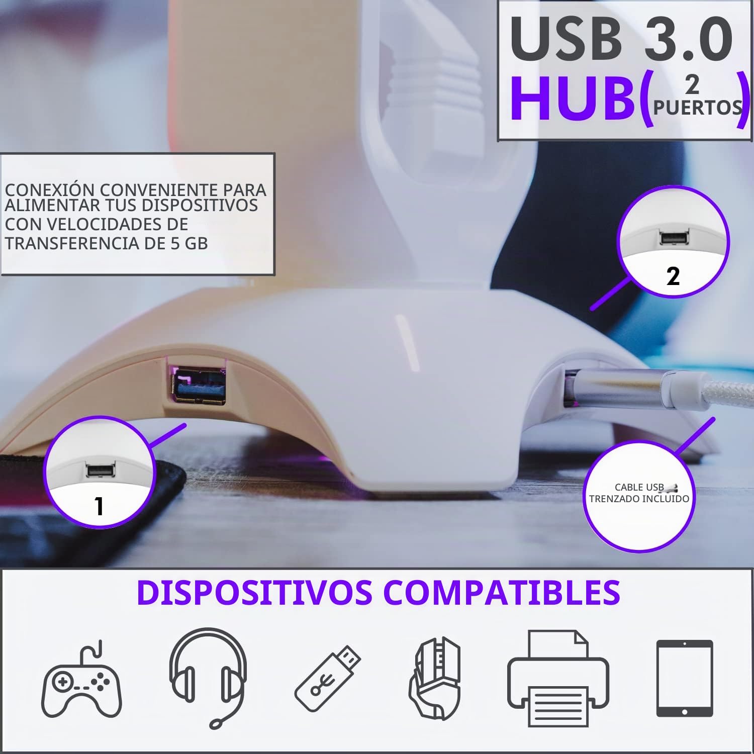 Tilted Nation Soporte para Auriculares RGB – Soporte para Auriculares 3 en 1 para Escritorio con Mouse Bungee y Cargador Hub USB 3.0 de 2 Puertos – El Accesorio definitivo para Juegos y Regalo para