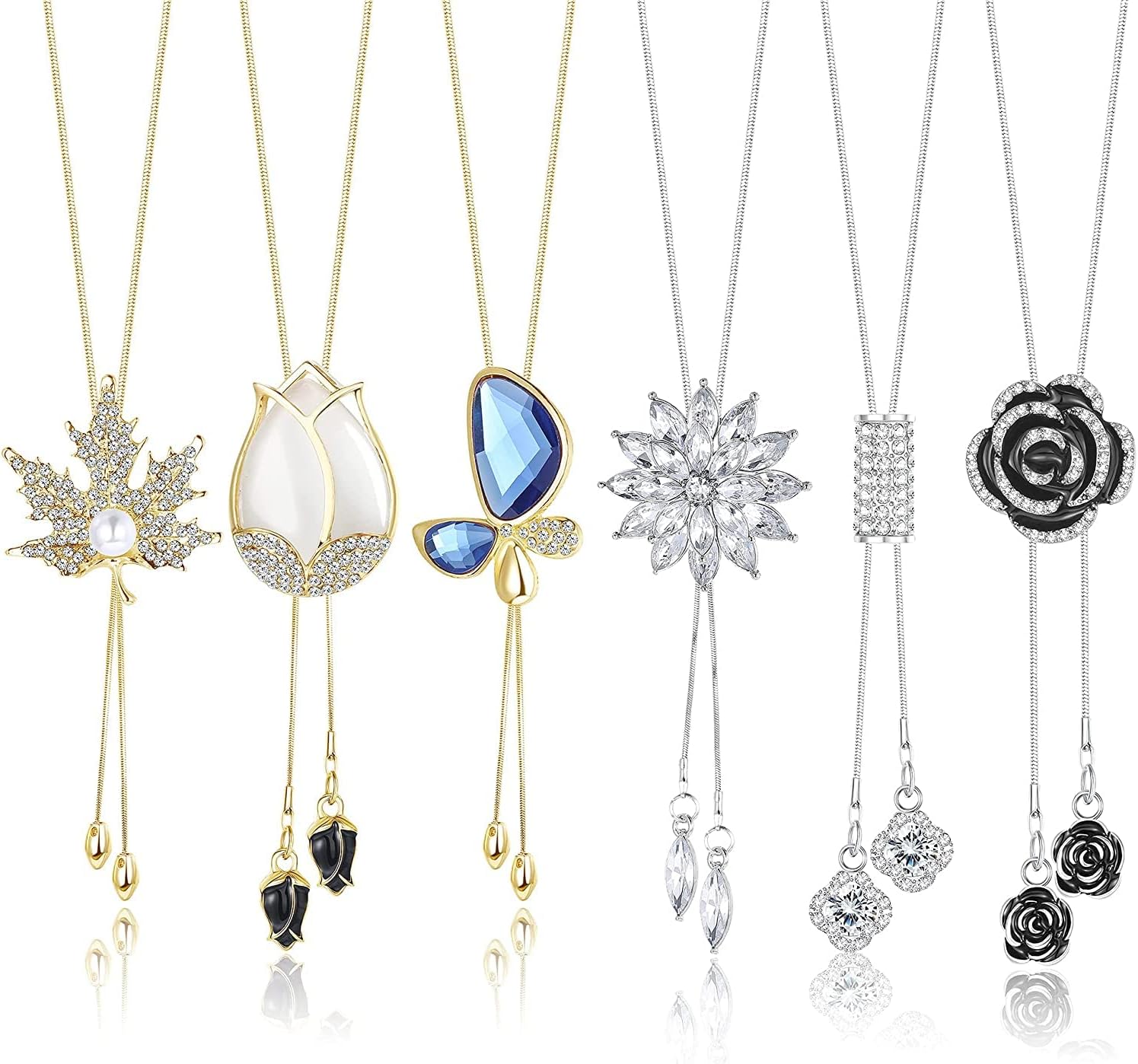 6 Pcs Vintage Pendant Long Necklace for Women Men Crystal Flower Silver Gold Sweater Chain Wood Boho Necklace Multilayer Long Rope Sweater Necklace Chain Pendant Jewelry