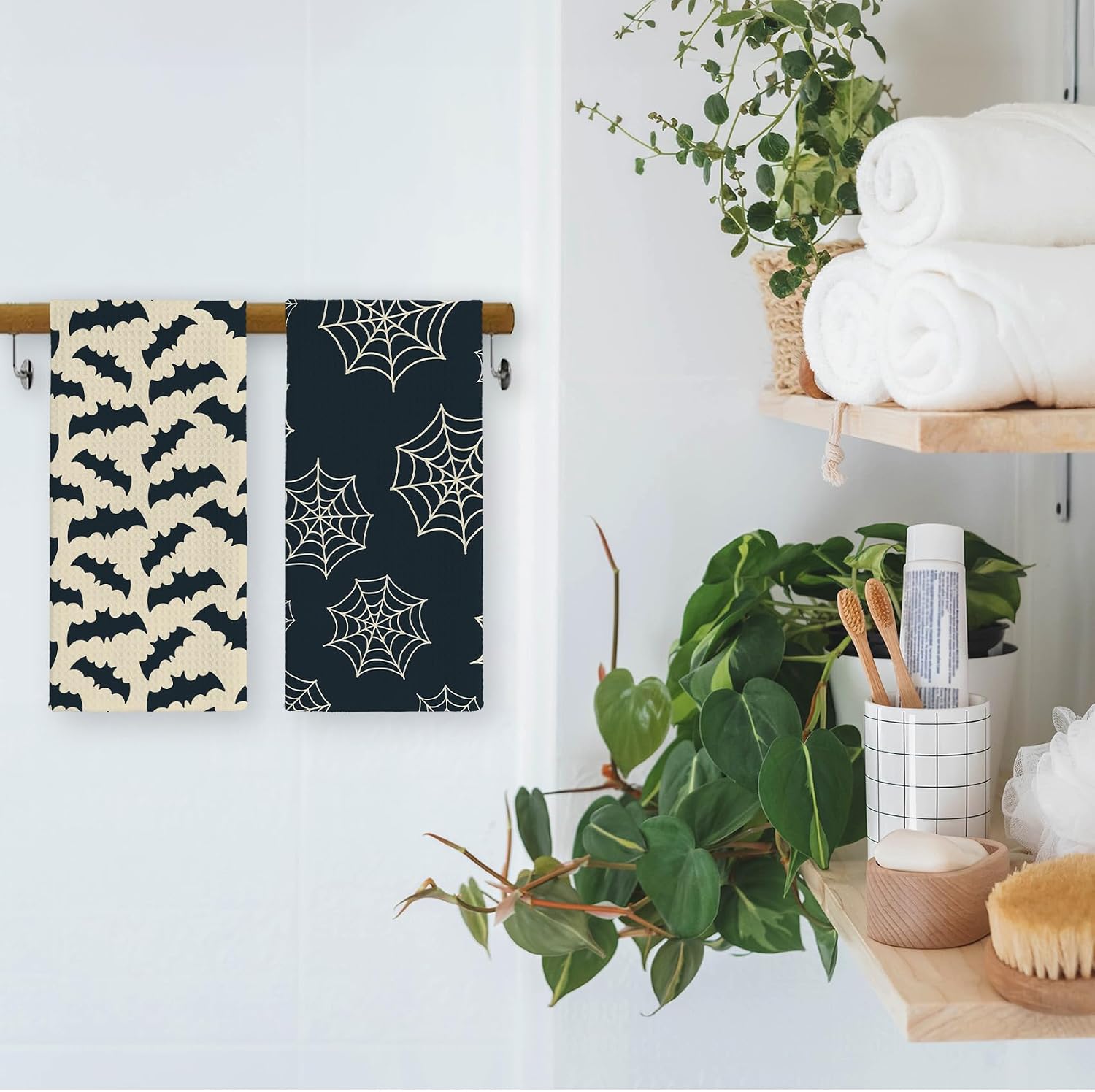 Halloween Bat Spider Web Kitchen Dish Towels 16x24inch Set of 2