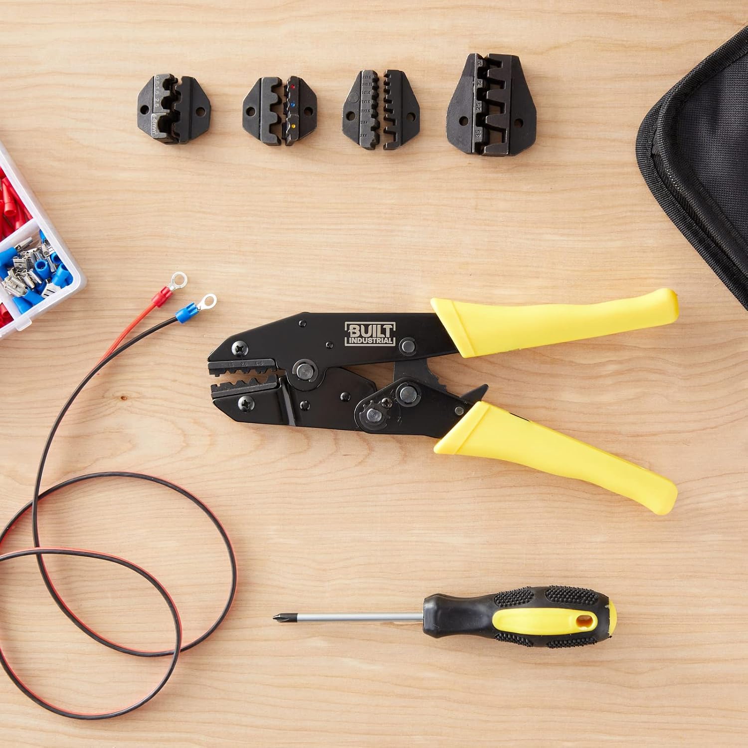 Built Industrial 5 Piece Ratcheting Wire Crimping Tool Set for Heat Shrink Connectors, Electricians, Electrical Connectors (Black and Yellow) image 2