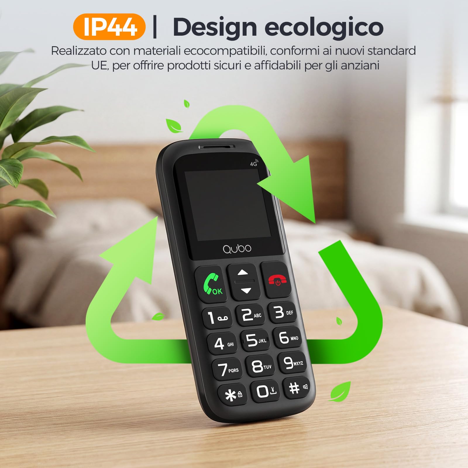 Qubo 4G Cellulare per Anziani 4G | Tasto SOS e Caricabatterie | Grandi Tasti e Schermo 1,77" | Torcia | Dual SIM | Compatibile con Tutte le Reti | Telefono Semplice