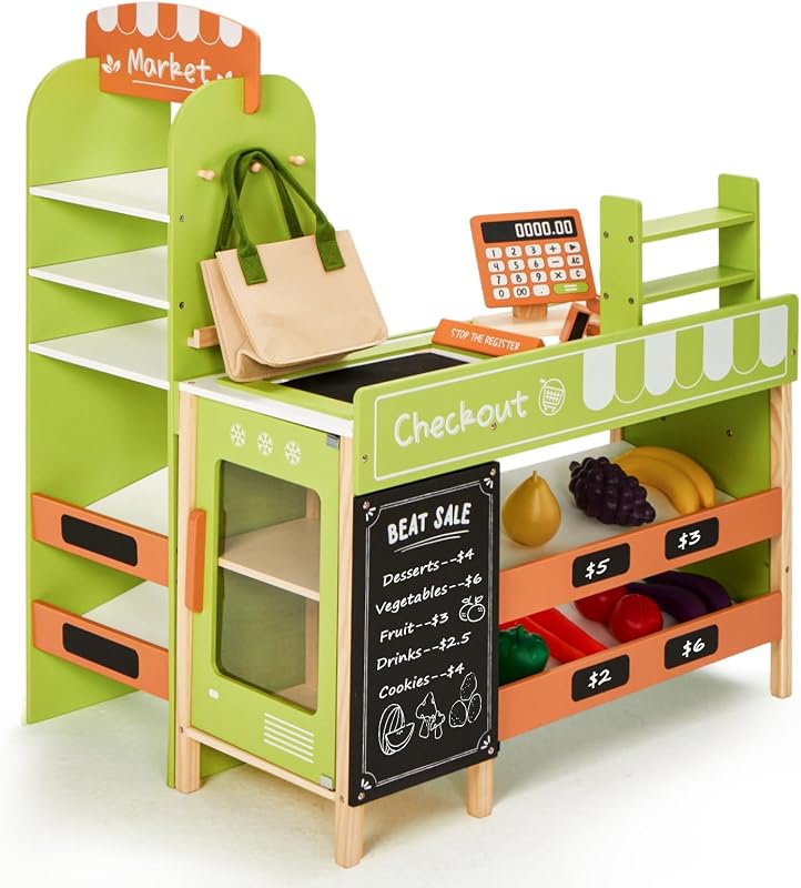 Pretend Grocery Store Playset for Kids,Wooden Supermarket Toy Set with Cash Register,Play Food Accessories Store Set Suit Gift for Toddler Boys Girls