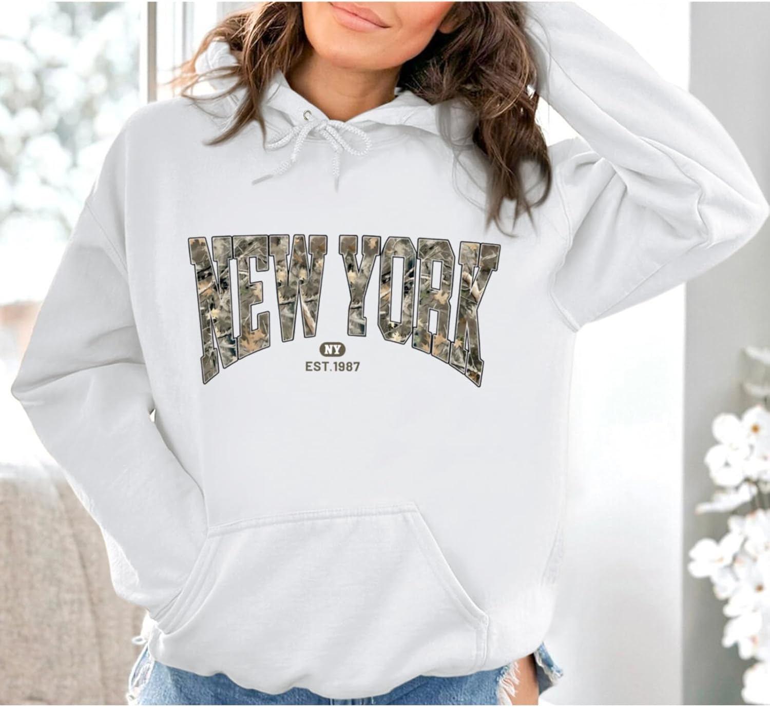 New York Oversized Hoodies for Women Graphic Camo Hoodie Maple Leaf Sweatshirt Letter Sweatshirts Print Pullover - Image 2