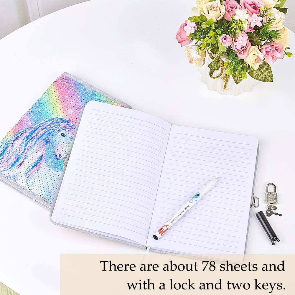 MHJY Unicorn Notebook Sequin Secret Diary with Lock,Reversible Mermaid Sequin Notebook Private Journal Magic Travel Journal Unicorn Notebook for Adults and Kids