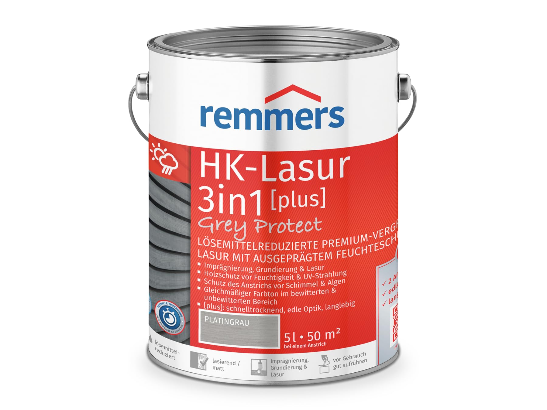 Remmers HK-Lasur 3 en 1 Grey Protect [plus] gris platino mate, 5 L, barniz gris premium reducido con disolvente para exteriores, 3 en 1, secado rápido, duradero