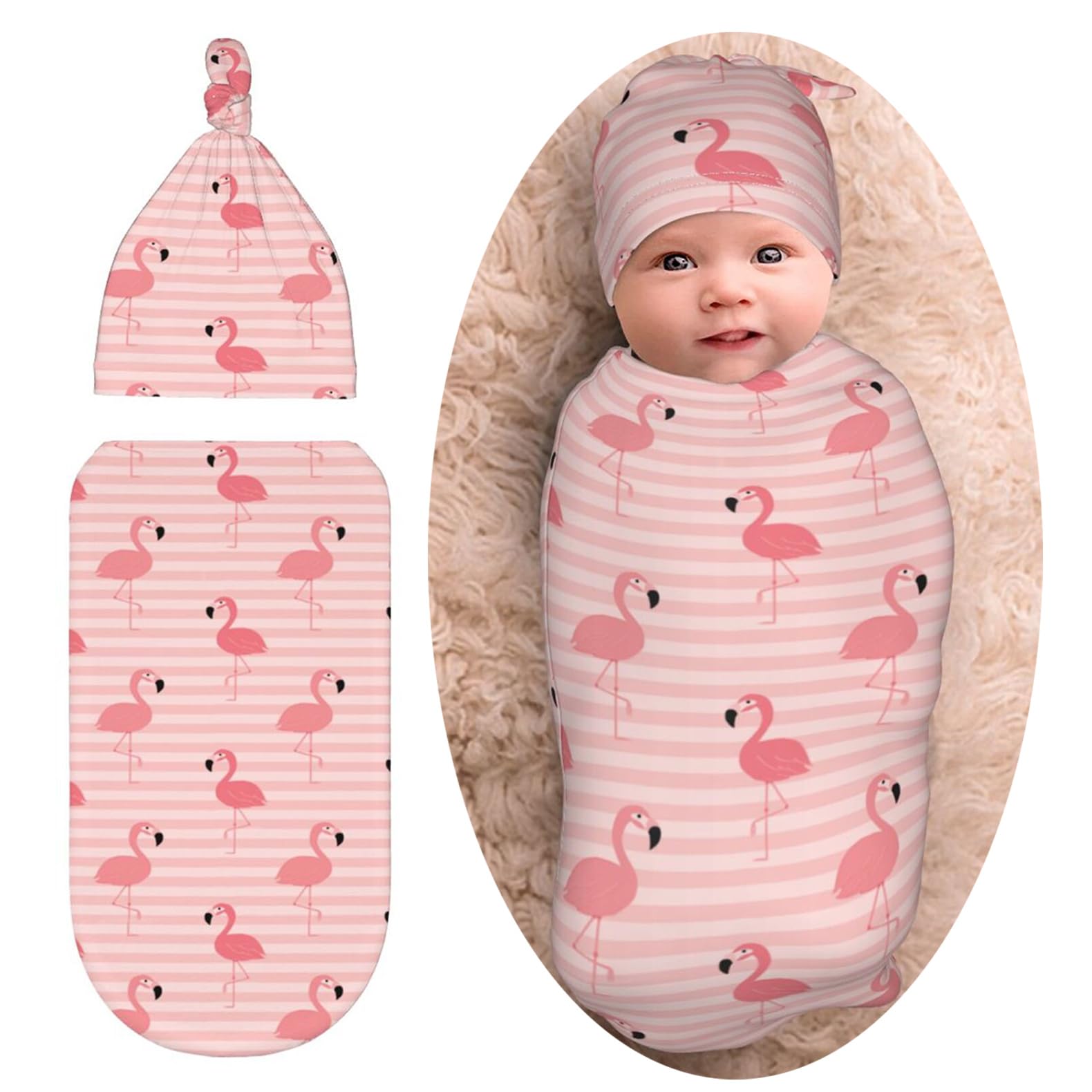 Flamingo Newborn Swaddle Blanket for baby,Unisex Baby Stuff,Soft for Boys Girls, with Beanie hat Set, Baby Swaddle Wrap for Baby Shower Infant