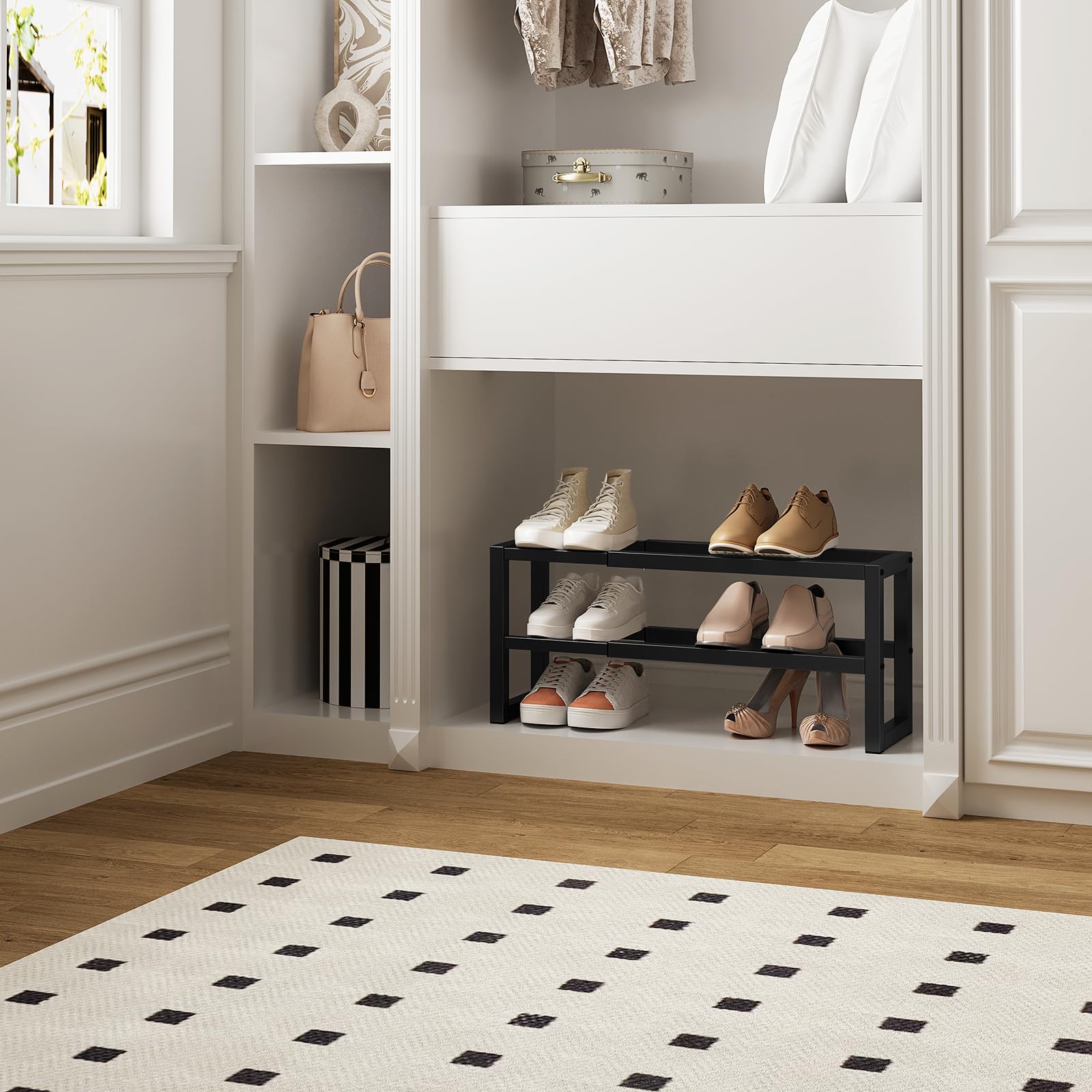 WOLTU Portascarpe Estensibile a 2 Livelli, Scaffale in Metallo, Scarpiera Salvaspazio Slim, Organizzatore di Stoccaggio per Scarpe, Mobiletto Ingresso, Corridoio, Camera da letto, Nero
