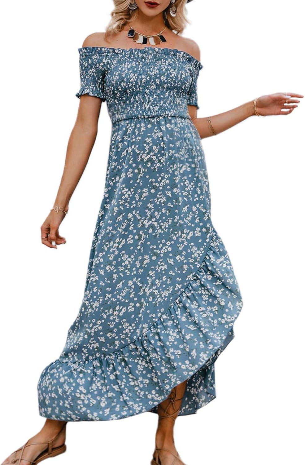 Narspeer Women's Beach Maxi Dress Summer Sleeveless Ruffle V Neck Midi Dress Floral Print Sexy Backless A Line Dress