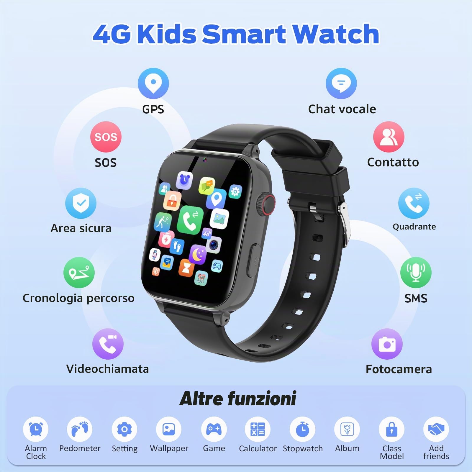 4G Orologio Smartwatch Bambini, Smartwatch per Bambini con GPS, SOS, Videochiamata/Telefono/Chat, Modalità Scuola, Sveglia, Contapassi Smartwatch per Ragazze e Ragazzi dai 4-12 Anni (Grigio argento)