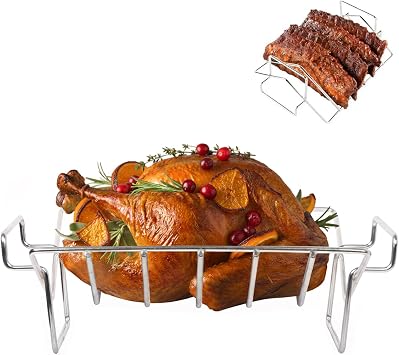 V-Shaped Turkey Roasting Rack,Stainless Steel Rib Rack for Smoking and Grilling,Dual-Purpose Turkey Rack/Rib Rack for Big Green Egg,Kamado Grill Joe,Weber,Primo,Vision and etc.