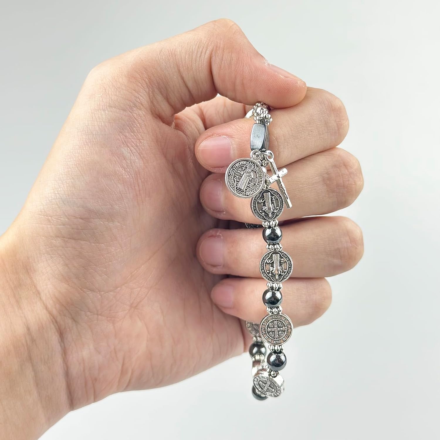 Catholic Rosary Metal Bracelet Saint Benedict Medal Bracelet for Men and Women Faith Baptism silvery