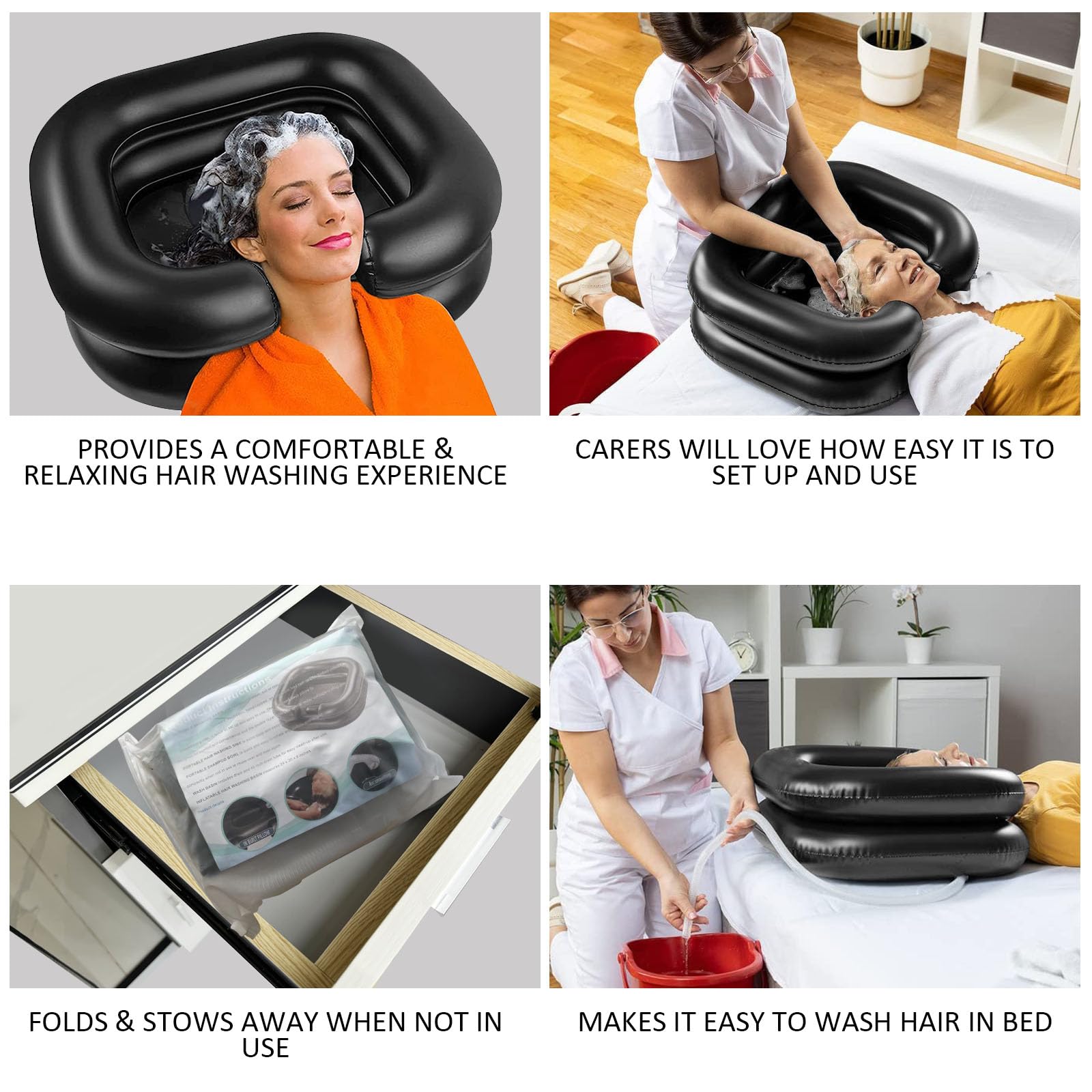 BIRDDIE Lavabo inflable para lavar el cabello, cuenco portátil para lavar el cabello en cama, discapacitados, lesionados, ancianos, champú para rastas y fregadero de lavado de cabello en casa (negro)