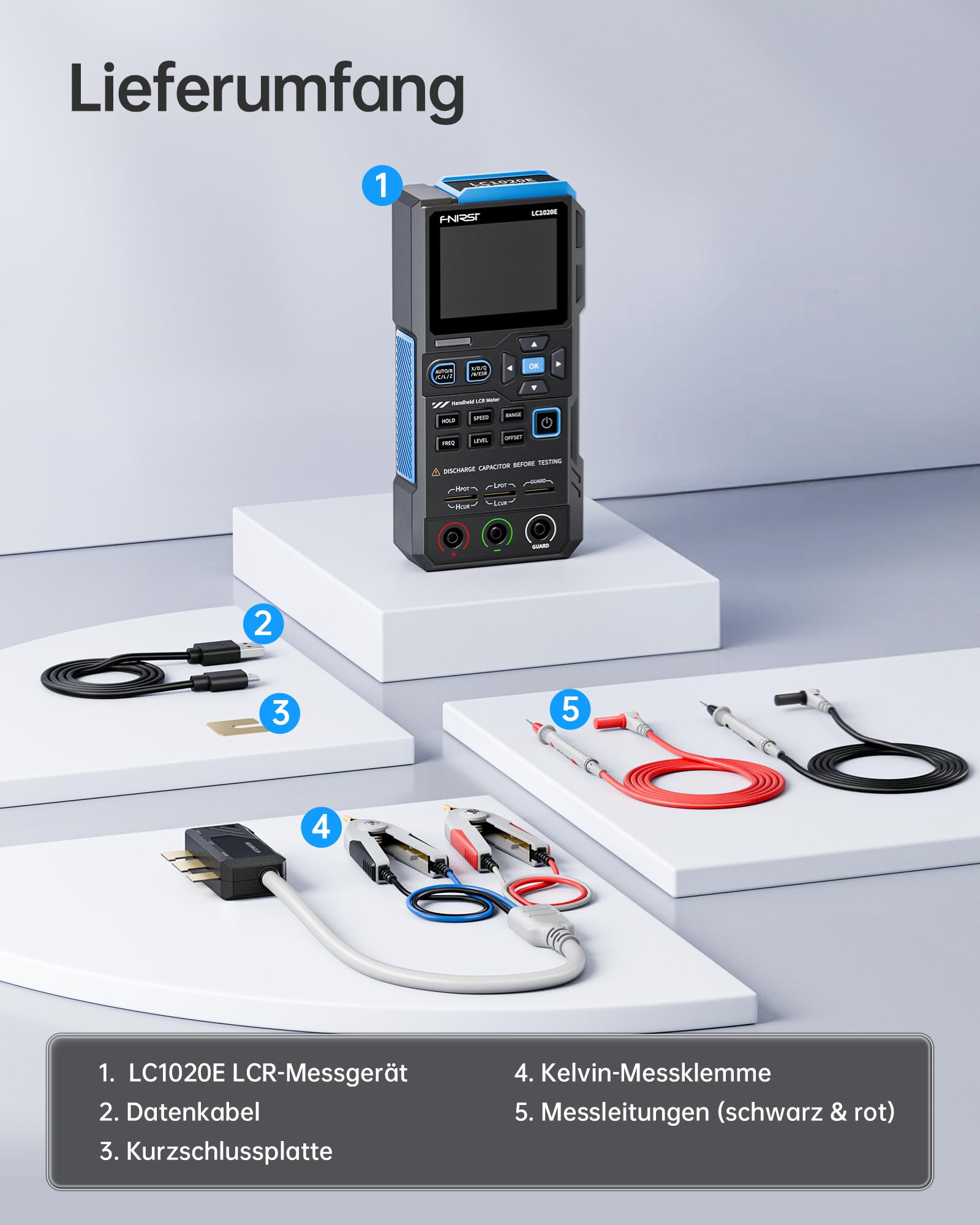FNIRSI LC1020E 100kHz LCR-Meter, 19999 Counts Widerstands-Induktivitäts-Kondensatortester, Auto Bauteilerkennung, Misst ESR/Q/D/θ/X, Doppelparameteranzeige, Sortierung & offen/Kurzschlusskalibrierung