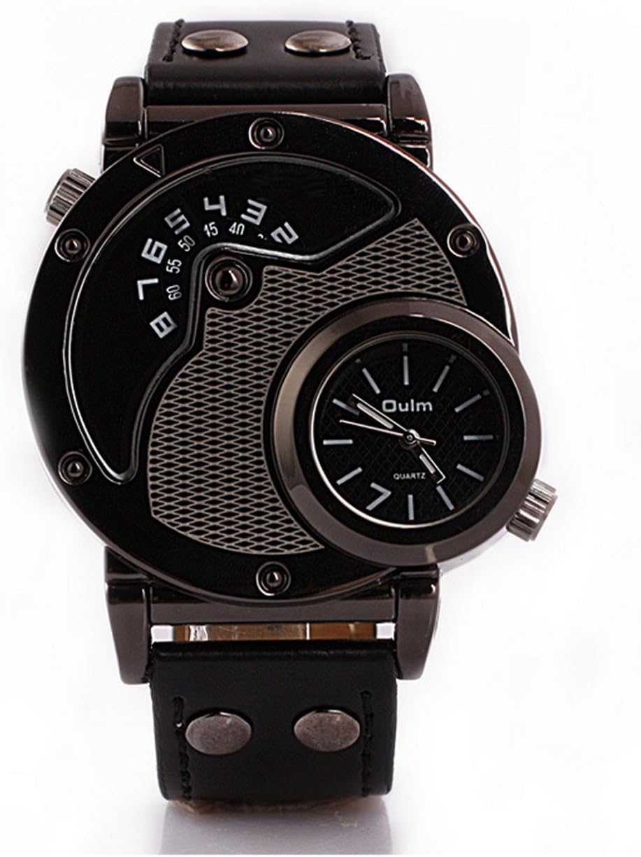 Nollimet Oulm Men's Quartz Cool Military Sports Wrist Watch Dual Movt Round Shaped Leather Band