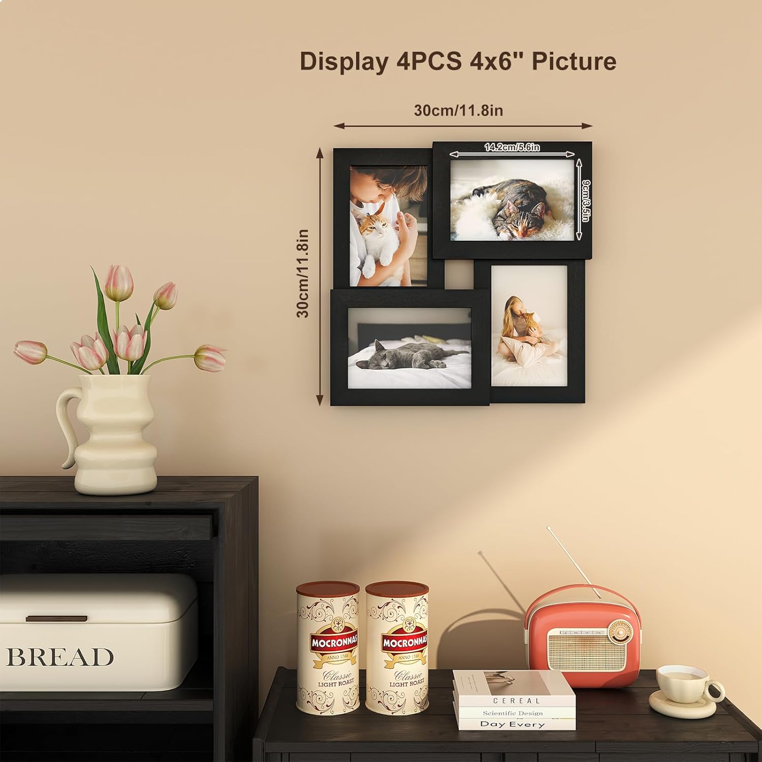 Egofine 4x6 Collage Picture Frames, Made of Solid Wood, Family Picture Frame Display Four 4x6 Photos, Covered by Plexiglass for Wall Hanging and Tabletop, Black