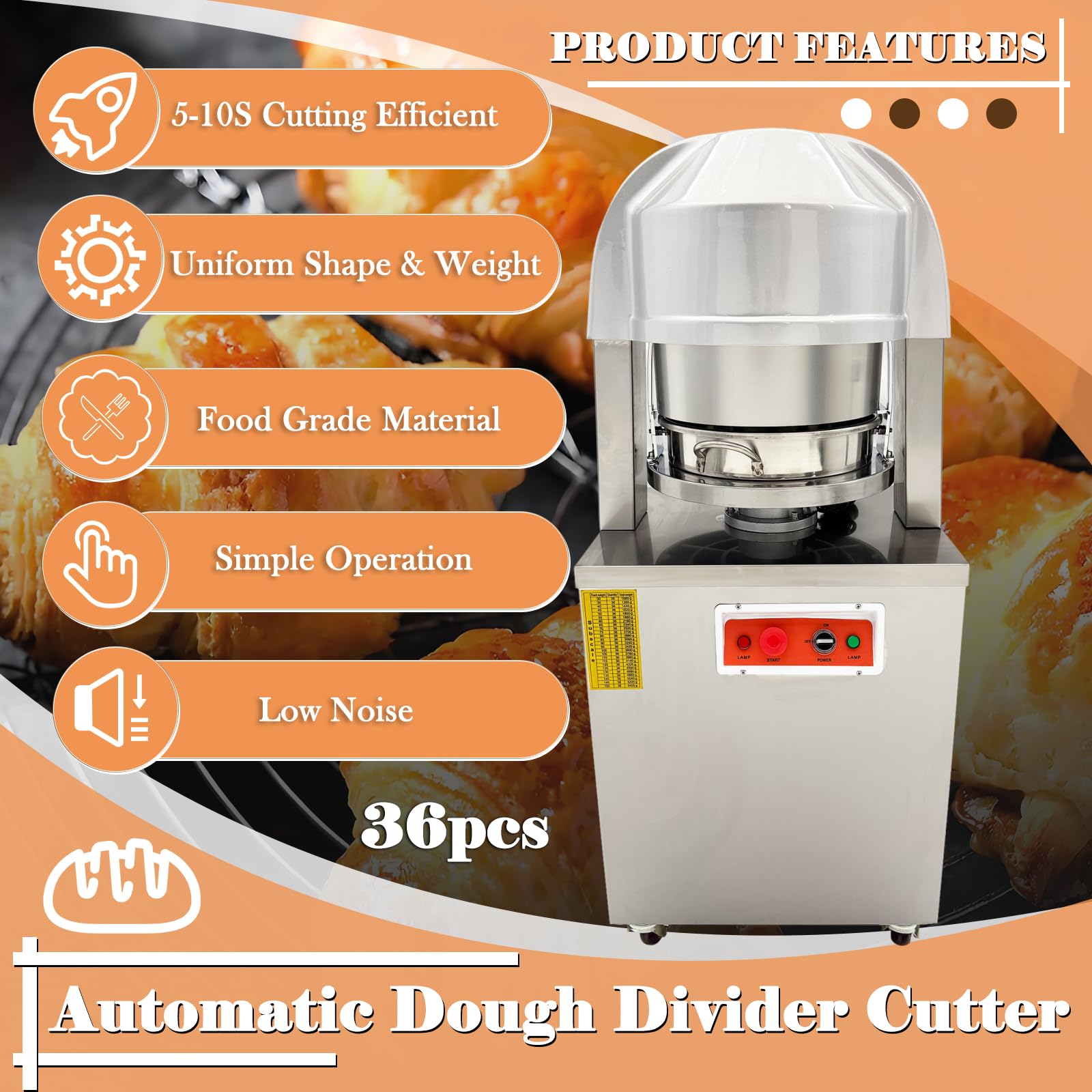 EQCOTWEA Electric Dough Divider Cutter 36Pcs Dough Dividing Cutting Machine Pastry Cutter Dough Lump Spacer Stainless Steel Fillings Divider with 2 Stainless Steel Plates for Bakery 30-155g 110V