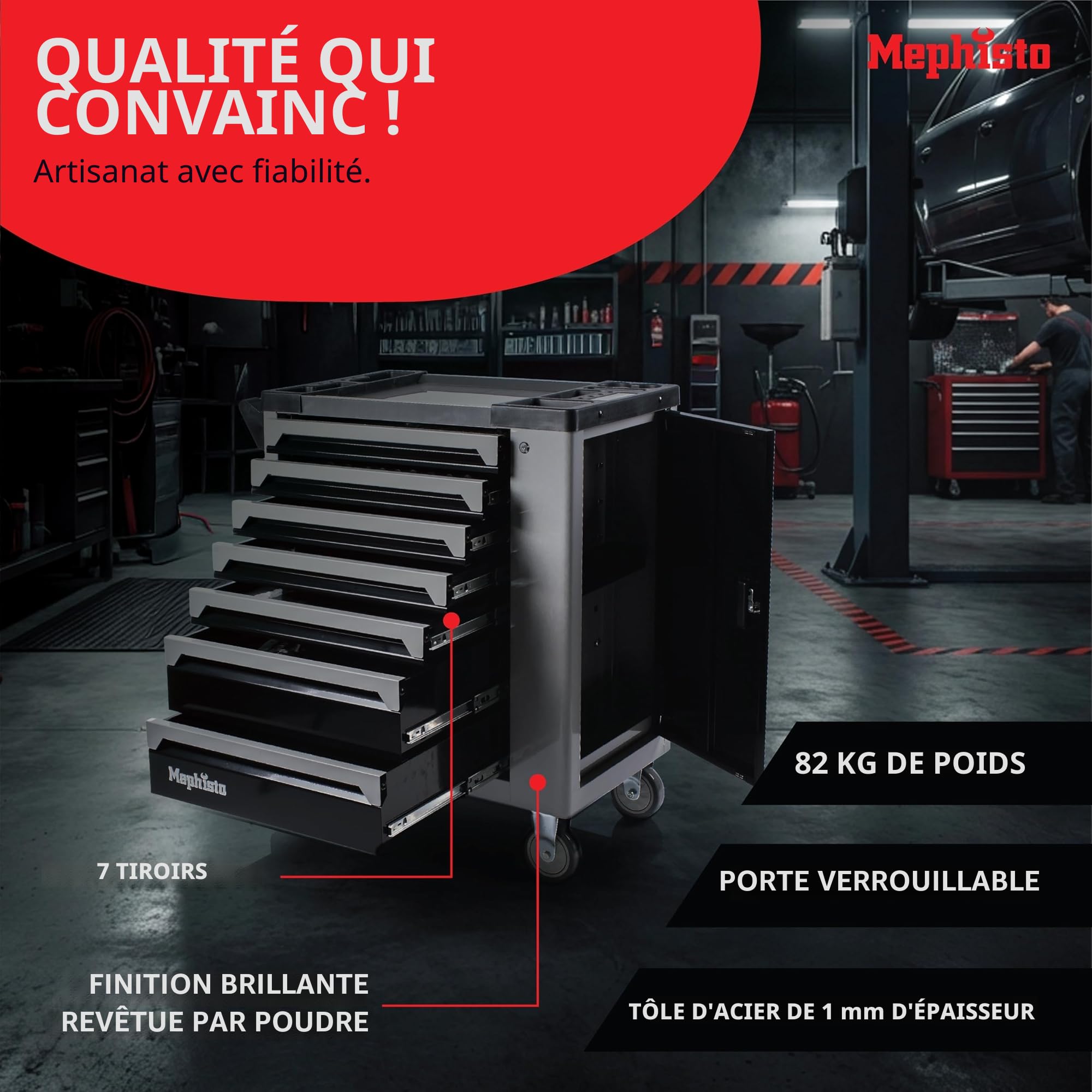 Mephisto XXL Wagon Outils Chariot Avec 7 Tiroirs Davon 7 Avec Outil En Soft Marqueterie En Carbon-Look Rempli Tiroirs Zzgl. Fixation supplémentaire avec Clé Réglable