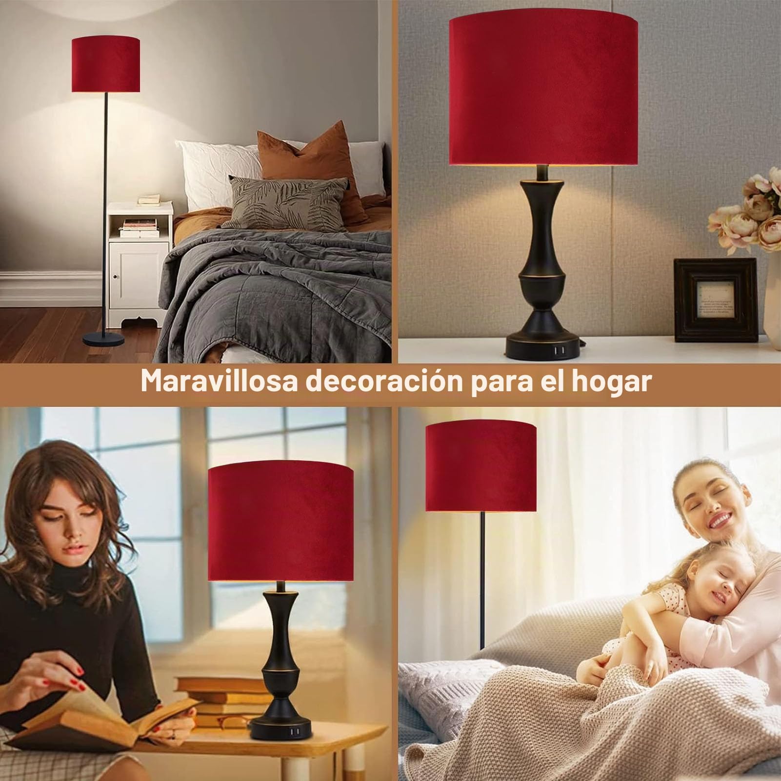 Pantalla de lámpara ovalada, pantalla de lámpara de tela moderna universal E27 E14 pequeña para lámpara de mesa, de pie o de mesilla (Rojo vino)