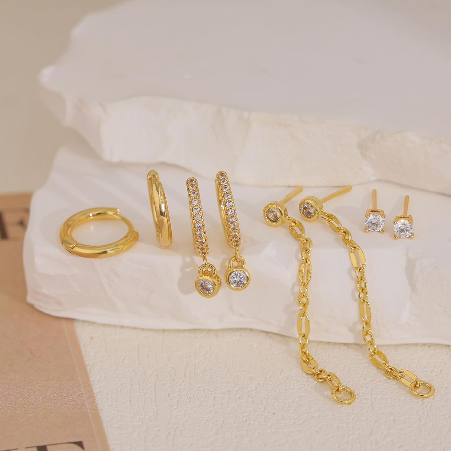 Gold Earrings for Women, 14k Gold Plated CZ Chain Earring Stacks Dainty Gold Hoop Earrings Set Hypoallergenic Huggie Earrings for Women Trendy Fashion Non Tarnish Jewelry Set for Womens - Image 7