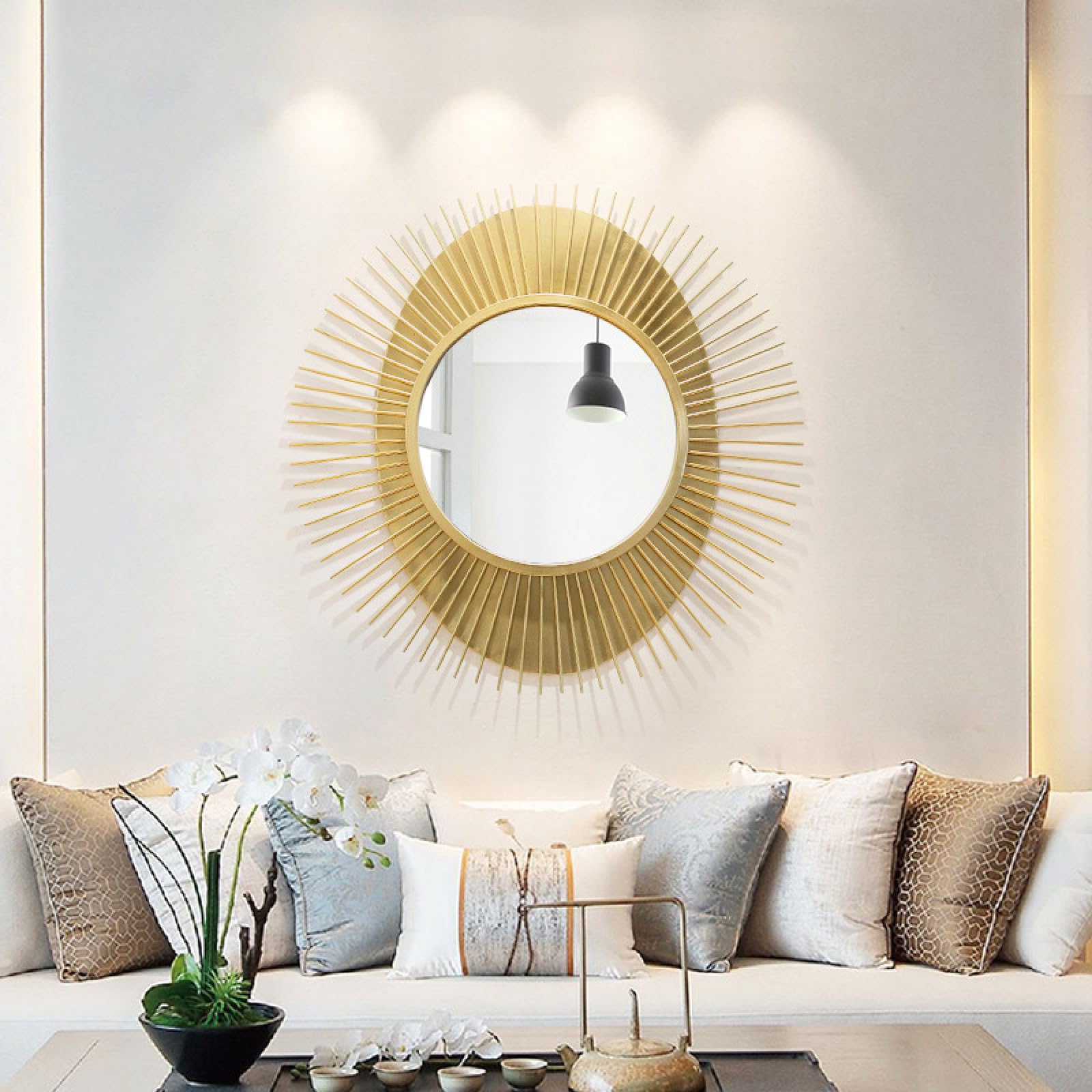 Miroir mural en métal en forme de soleil or champagne pour salon et chambre