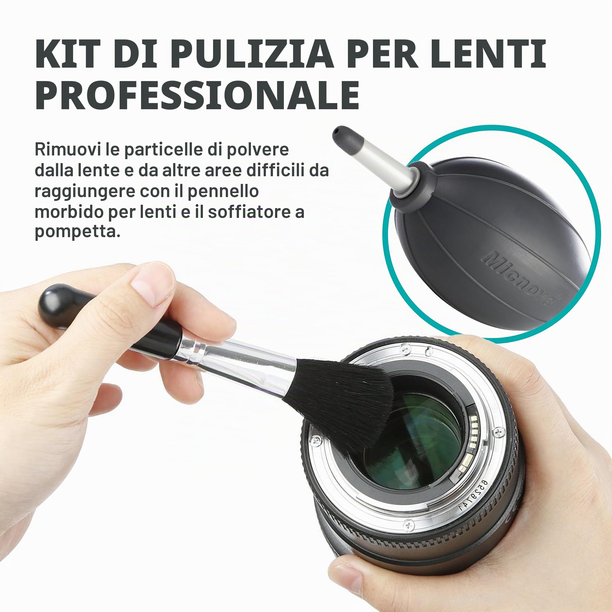 Movo Deluxe Essentials kit di pulizia fotocamere DSLR, con 10 tamponi per sensore APS-C, liquido di pulizia sensore, soffiatore a forma di razzo, penna di pulizia obiettivo, pennello morbido
