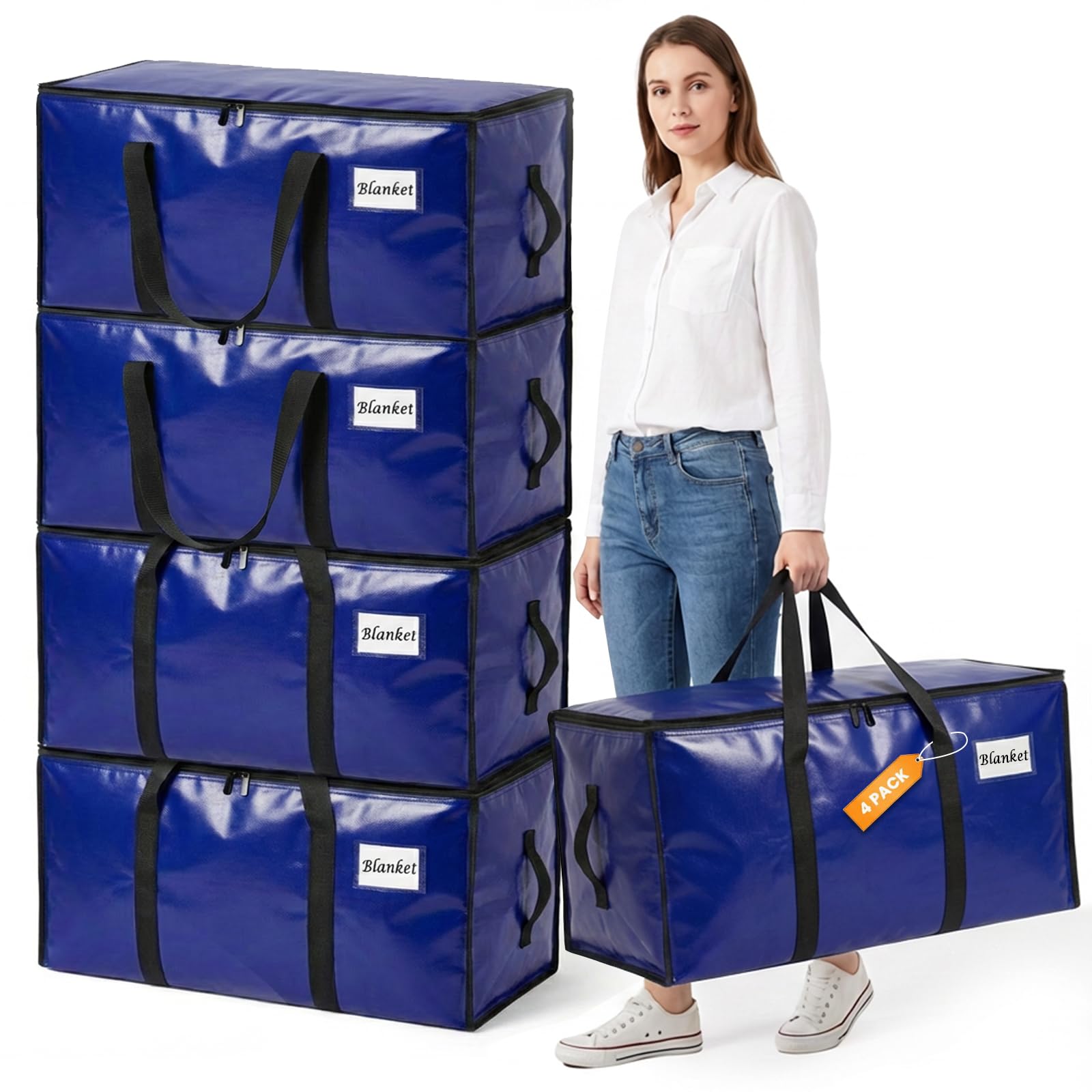 RICHER HOUSE 90L Heavy Duty Moving Boxes & Clothes Storage Bags, 4 Pack Large Moving Bags with Lid & Backpack Straps, Waterproof Packing Bags for College Dorm, Camping, Holiday Decor Storage, Blue