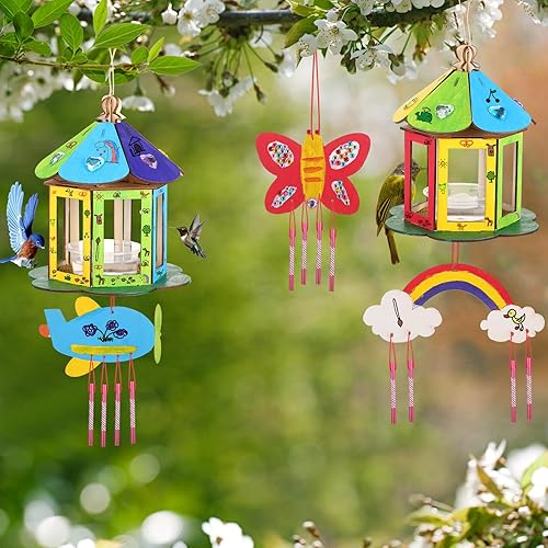 Miniatura 4 de Barydat 10 kits de campanillas de viento de madera para casa de pájaros, kits de madera para pajareros, kits de manualidades de pintura de madera,