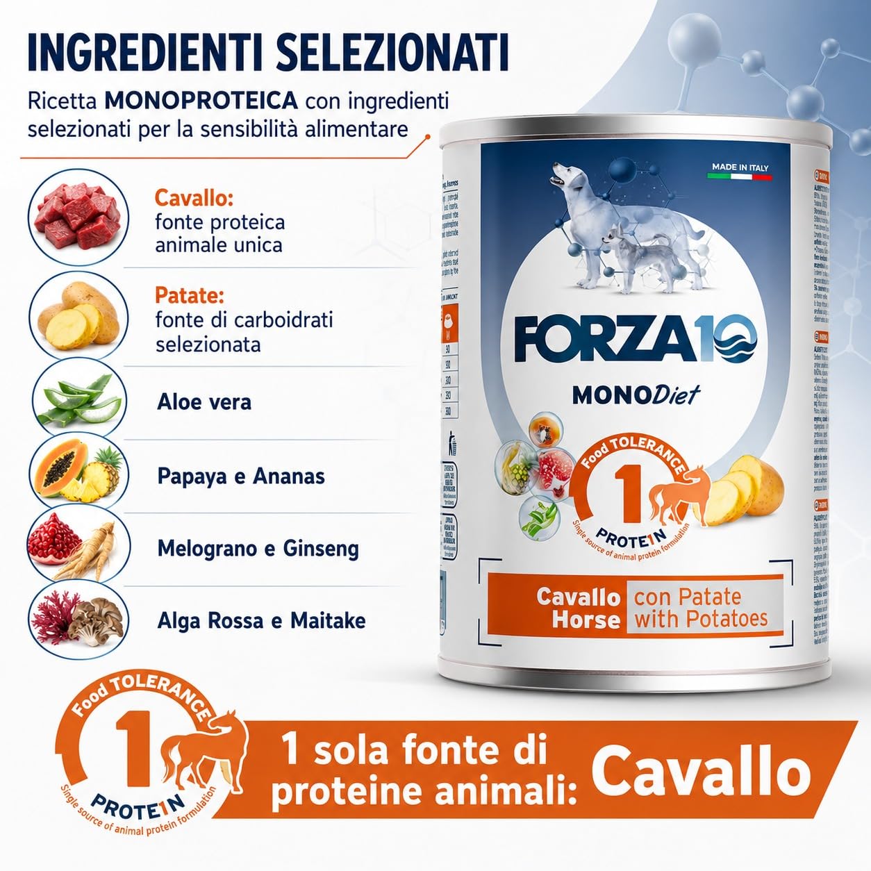 Cavallo con Patate – Forza10 Diet Cibo Umido per Cani Adulti di tutte le Taglie e Razze, Monoproteico, Intolleranze alimentari 12 Lattine x 400g, Alimento Completo.