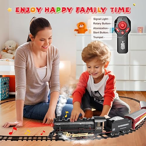 Miniatura 6 de Hot Bee Juego de tren para niños, juegos de trenes de Navidad con control remoto con locomotora de vapor, autos ligeros de pasajeros y pistas,