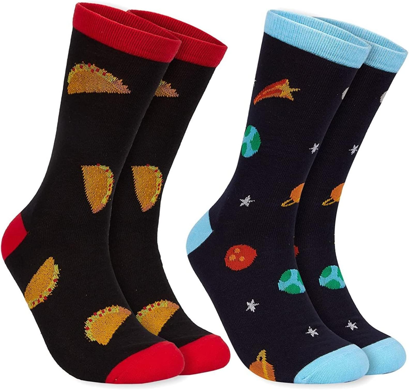 2-Pair Mens Novelty Socks - Funny Socks with Printed Tacos, and Outer Space Graphics, Fits Shoe Size US 7-11