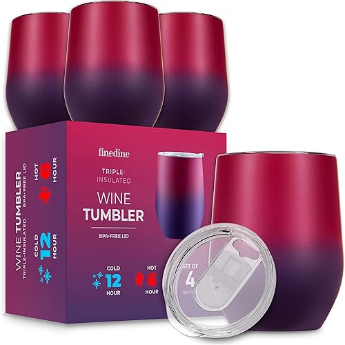 Vaso de vino con triple aislamiento con tapa (paquete de 4) de acero inoxidable de 12 onzas, vasos aislados mantienen las bebidas calientes y frías