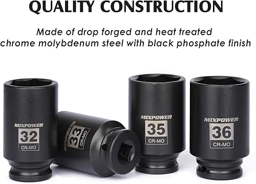 Miniatura 4 de MIXPOWER Juego de dados de impacto profundo de 4 piezas, 1/2 '', 6 puntos, CR-MO, métrico, 32,33,35,36 in, juego de dados de impacto de tuerca