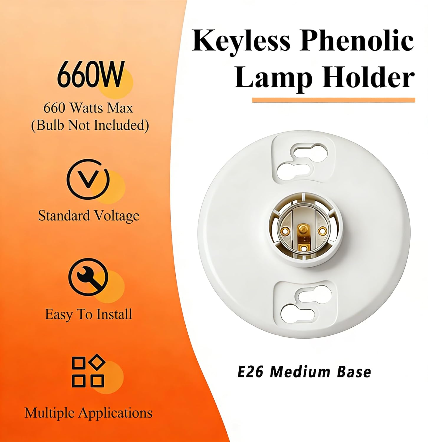 2 Pcs Keyless Plastic Lamp Holder Medium Base, E26 Ceiling Light Sockets, Universal Replacement Socket for Home Use, UL Listed, Compatible with LED and Incandescent Light Bulbs, 660W
