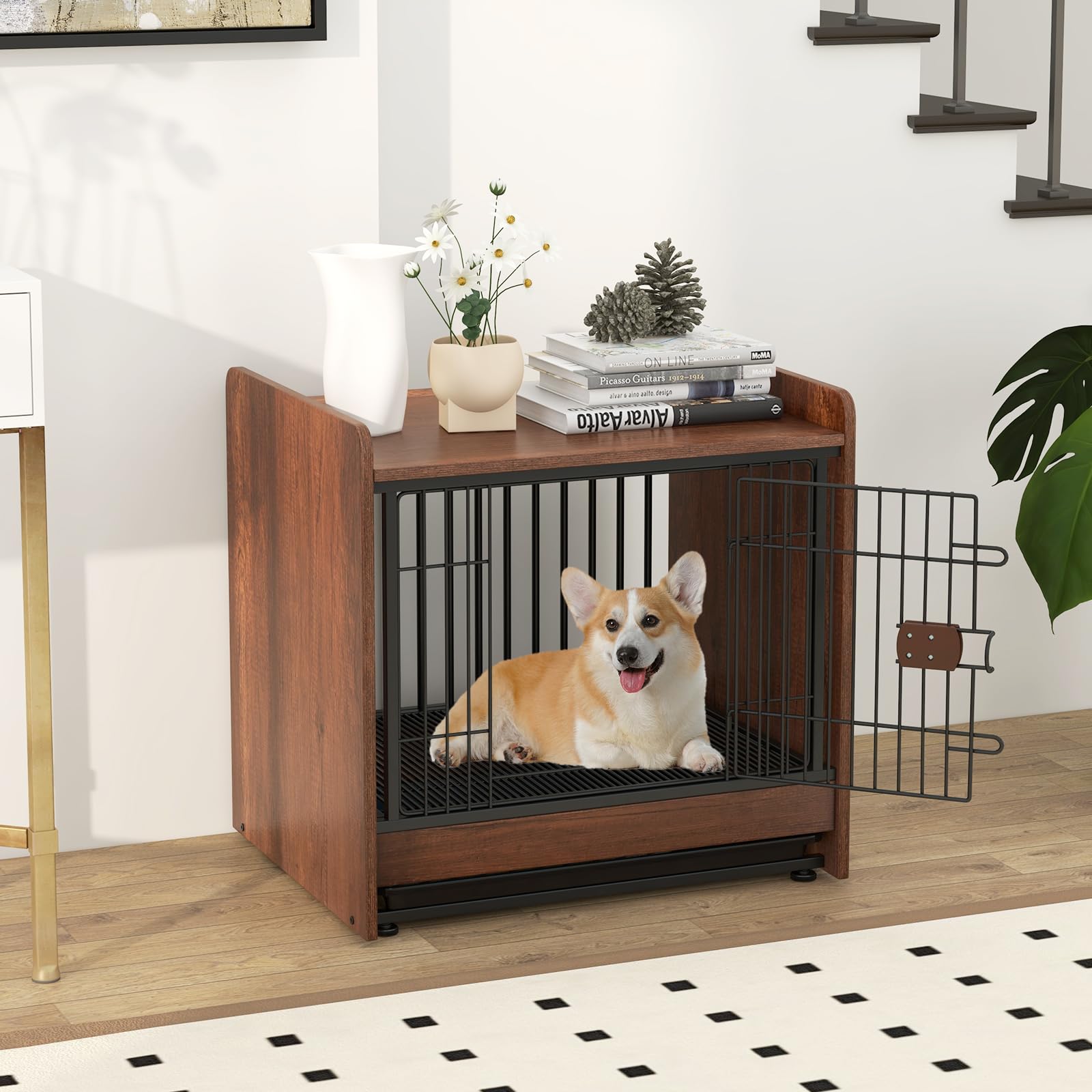 GYMAX Cage Chien Intérieur, avec Plateau Amovible Inférieur de Hygiène, Porte Verrouillable, Patins Réglables, Niche pour Animaux de Petite et Moyenne Taille, Style Industriel, 62×49,5×61 cm