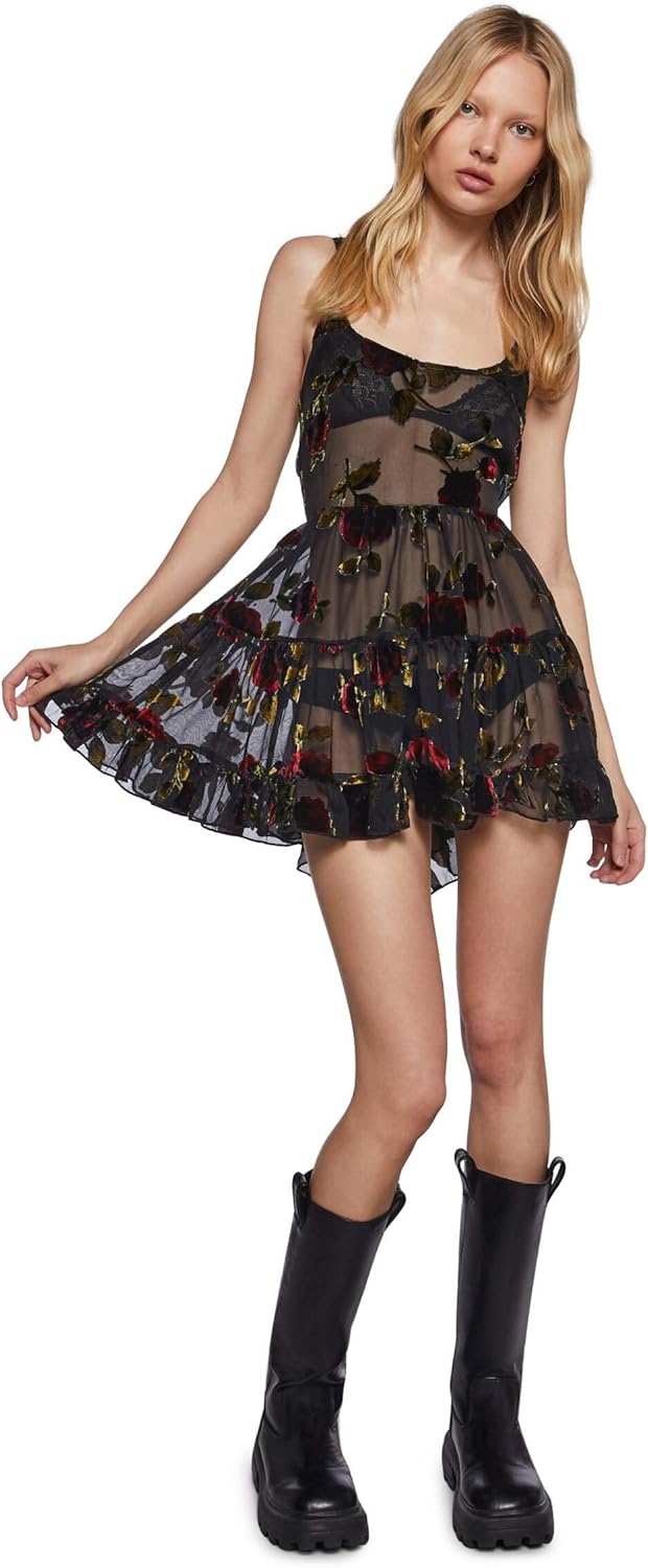 Dolls Kill Befallen Romance Mini Dress by Widow – Sheer Mesh Mini Dress with Velvet Rose Detail & Lace-Up Back