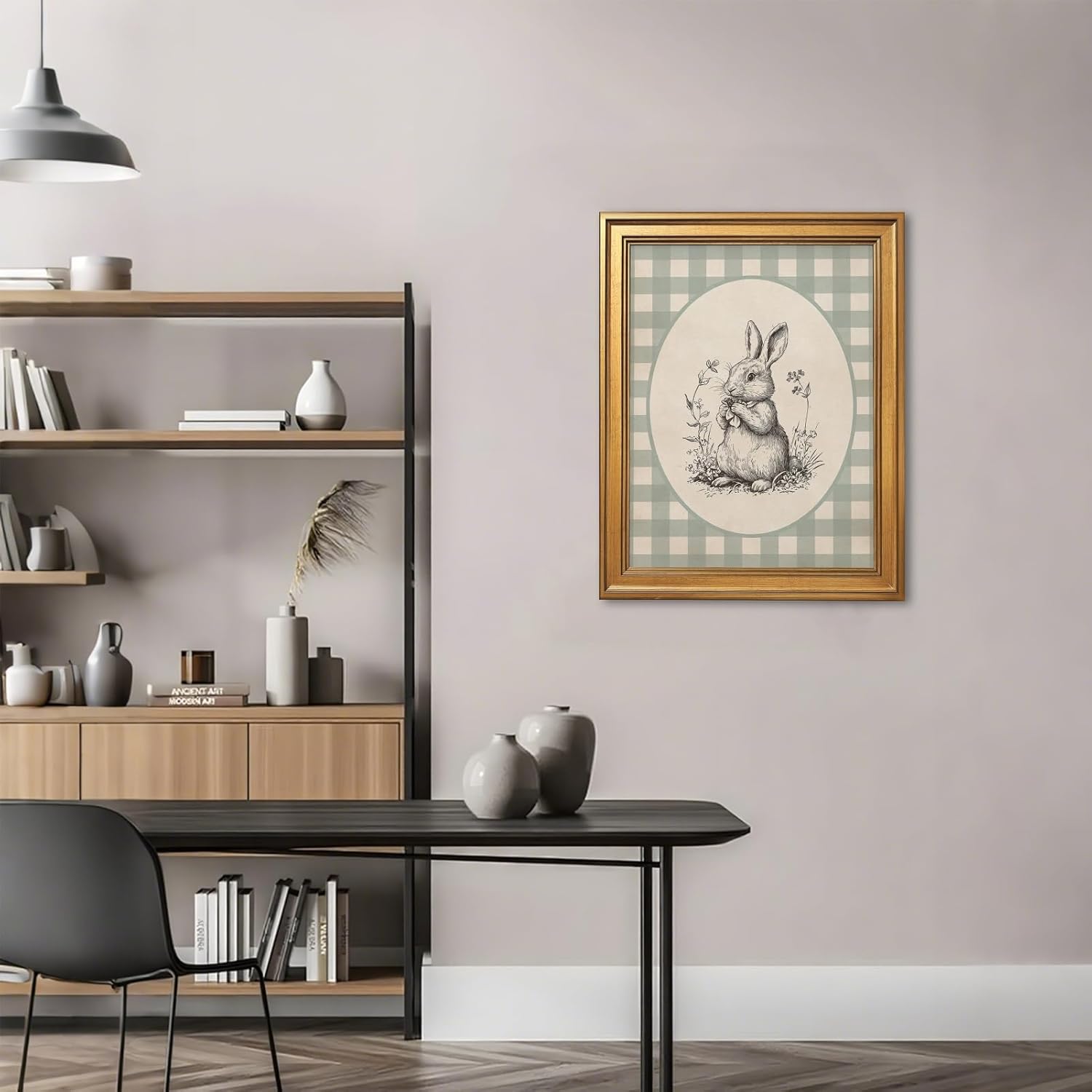 Gold Framed Vintage Easter Bunny Canvas Wall Art Black White Rabbit Sketch Print Drawing Poster Bunny and Spring Flowers Painting Neutral Cute Woodland Animal Picture for Baby Bedroom 16x24inch