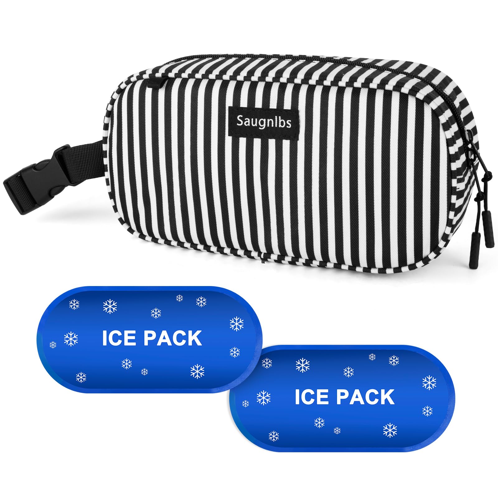 Saugnlbs Small Insulated Bag,Cool Bag Small,Mini Cool Bag,Freezable Lunch with 2 Ice Packs for Work School Travel,Freezable Snack Box for Adults,10“ x 4”x 5”Round,Black-Stripes