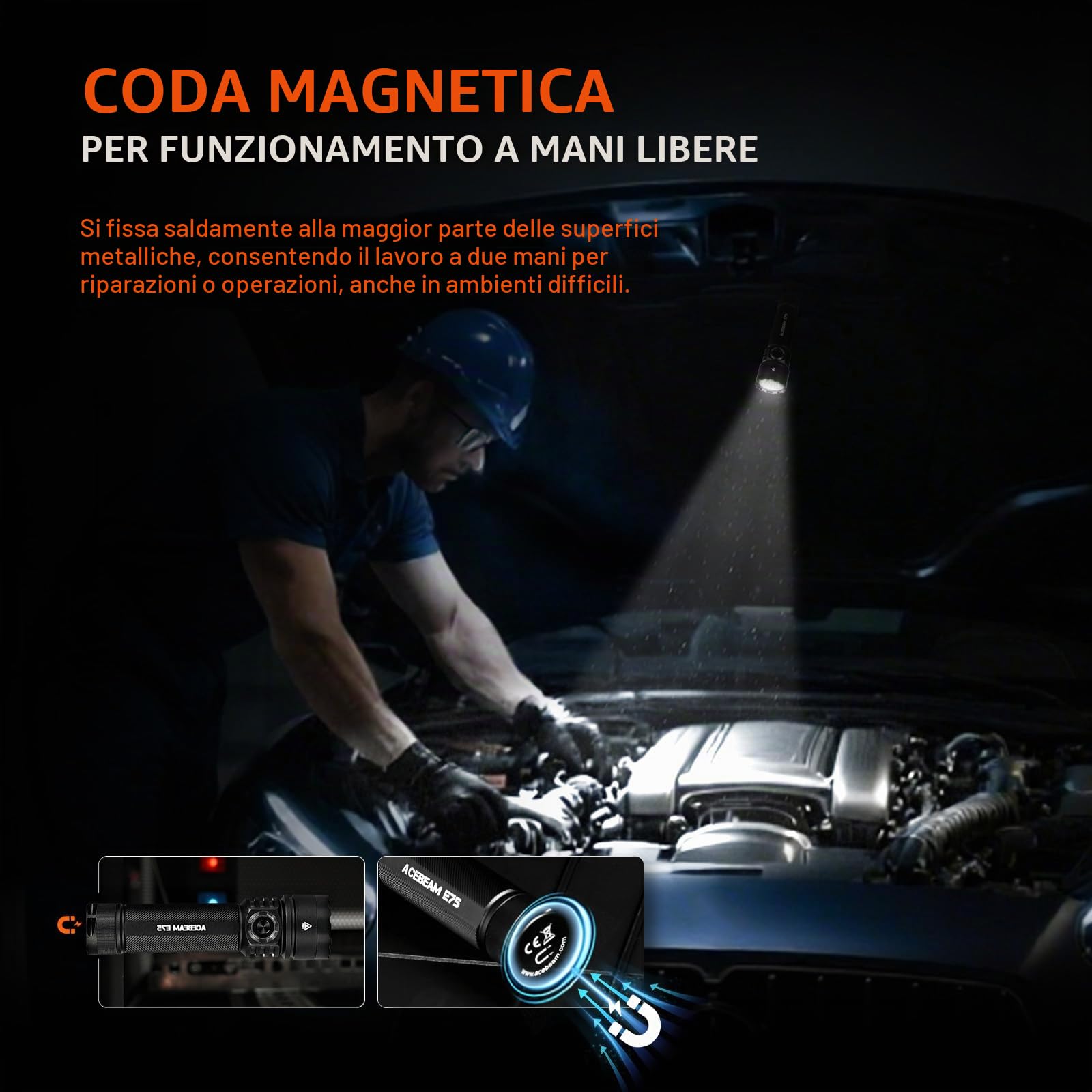 ACEBEAM Torcia E75 da 3000 lumen ad alta luminosità con base magnetica, torcia LED super luminosa ricaricabile, impermeabile IPX8, torcia tattica EDC 26 giorni, super lunga durata per campeggio, uso