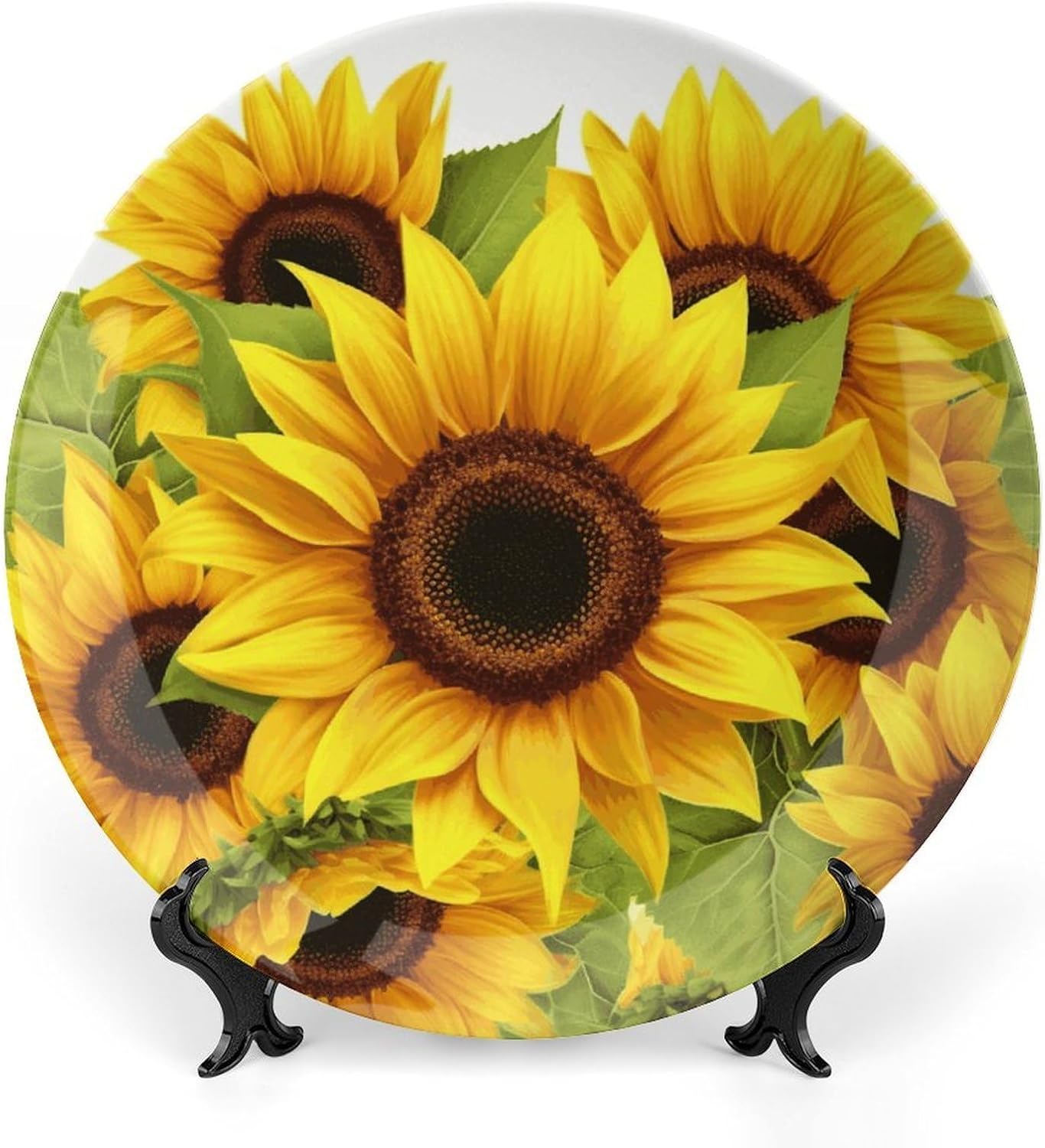 Sunflower Ceramic Plate 10inch Decorative Bone China Wall Hanging Ornament Plates Bohemian Style Dinner Plate with Display Stand Cabinet Display Plates for Home Art Decor