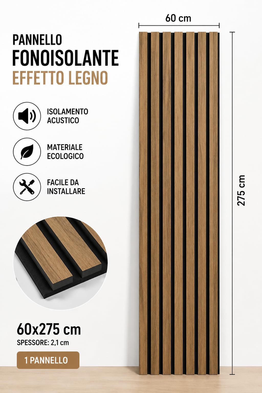 FUTURAzeta-Pannelli Acustici Decorativi in MDF 60x275 cm finitura TEAK– Doghe Flessibili Fonoassorbenti – Rivestimento Parete Design Moderno – Riduce Eco e Rumore – Facile Installazione