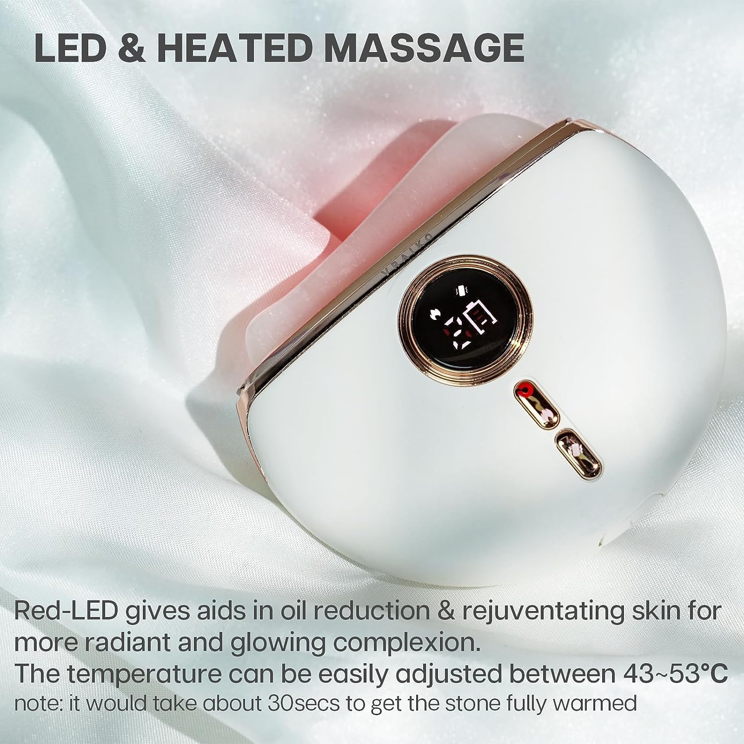 VRAIKO Alpenglow Appareil électrique Gua Sha en quartz rose avec chaleur et vibration, masseur du visage Gua Sha pour drainage lymphatique, levage, gonflement, rajeunissement et lueur naturelle (blanc