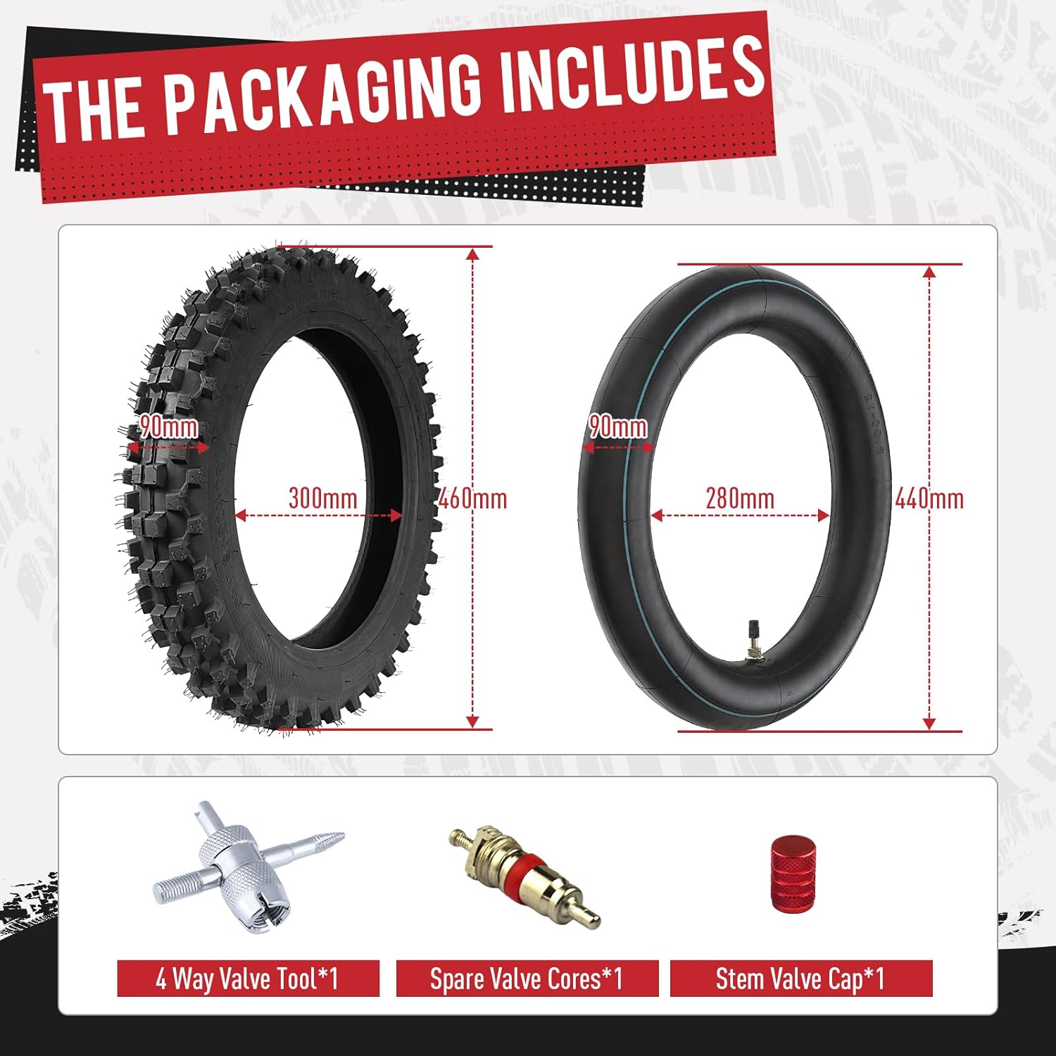 Rear 80/100-12 3.00-12 Tire and Inner Tube,80-100-12 Dirt Bike Tire Compatible with 90cc 110cc 125cc Honda XR70 CRF70 Yamaha PW80 TTR90 KX65 Taotao DB14 Coolster QG214 Tuttio Off Road Motorcycle