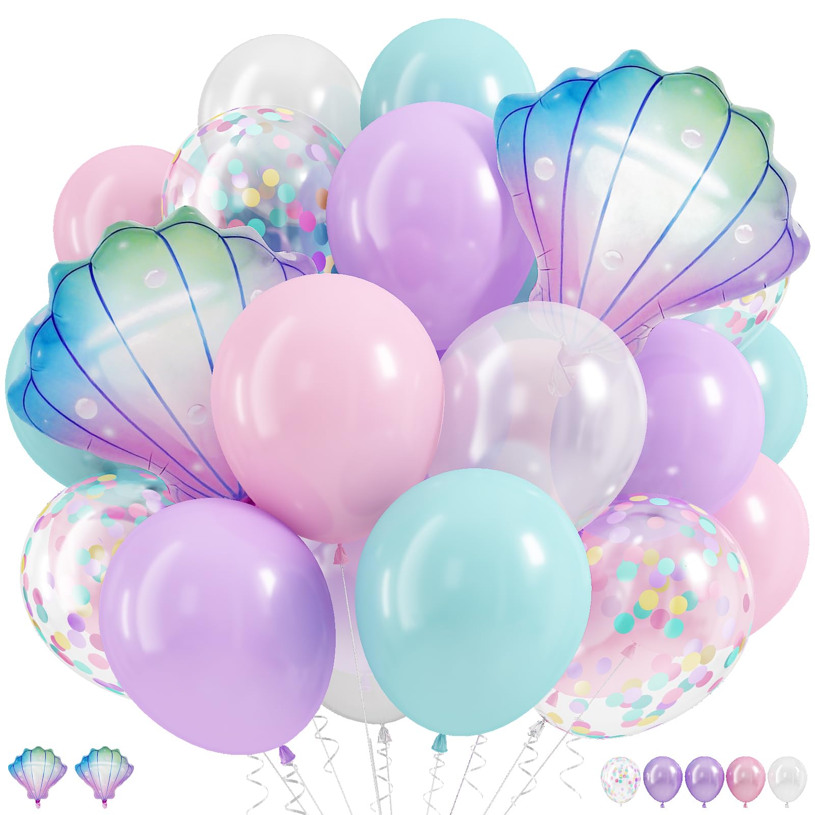 Photo 1 of Mermaid Balloons, Pastel Pale Pink Light Purple Lilac Teal Pearl White Balloons with Seashell Foil Balloon Confetti Balloon for Girls Kid Sea Birthday Party Ocean Under The Sea Baby Shower Decorations