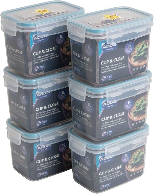 Addis Clip & Close 1 Litre Tall Rectangular Food Storage Airtight Lockable Lid, Bulk Pack of 6 containers, Clear, Clear & Blue, 6 x 1 LTR