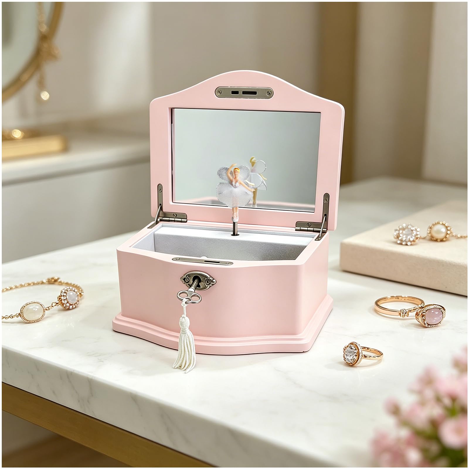 Boîte à bijoux musicale en bois rose avec ballerine